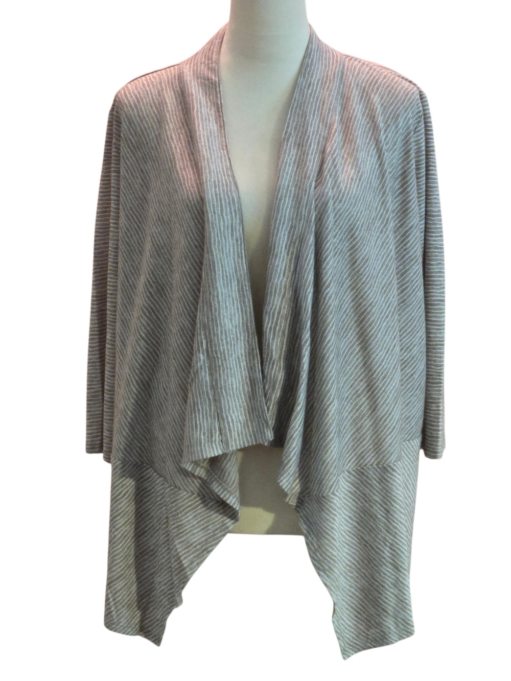 Chico's 2 US 12 M Waterfall Open Front Cardigan Gray White Stripe 3/4 Sleeve